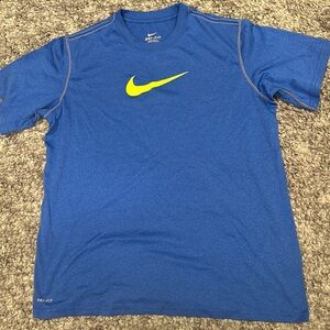 Nike Dri-Fit Blue Short Sleeve Tee Shirt, with Neon Nike Swish Logo